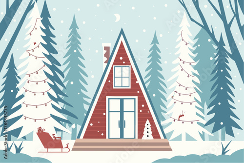 A frame cabin in a snowy forest with christmas trees and a sleigh with gifts on a winter night scene setting