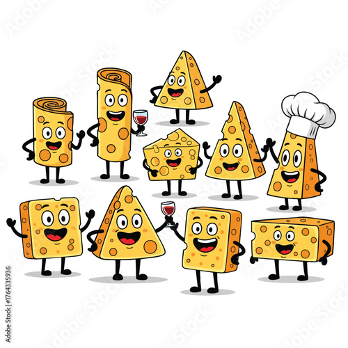 A cheerful collection of anthropomorphic cartoon cheese characters in various shapes some holding wine glasses and one wearing a chefs hat.