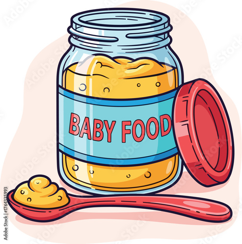 Homemade Organic Baby Food Jar with Spoon, Spoonful Ready for Infants, Toddlers, and Young Children at Home for Healthy Eating and Weaning, Illustration for Healthcare and Nutrition, Kids Meal Prepara