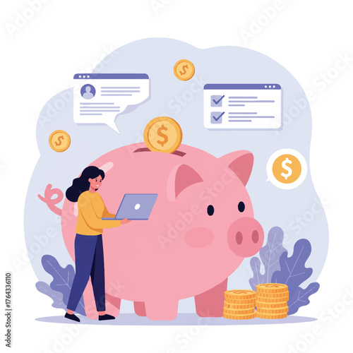 Financial planning and personal savings concept in a vibrant 2D flat vector style, showing a young woman budgeting on a laptop next to a giant piggy bank, actively depositing a coin.
