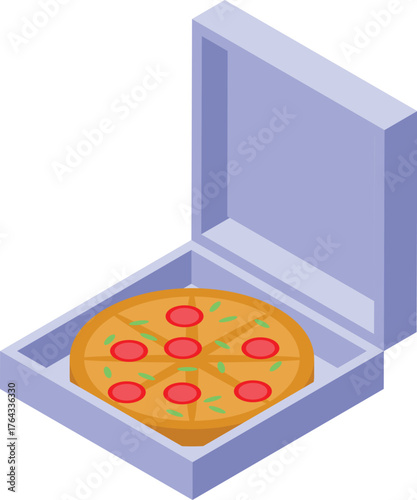 Round tasty pizza with pepperoni and herbs in an opened delivery box, isometric view