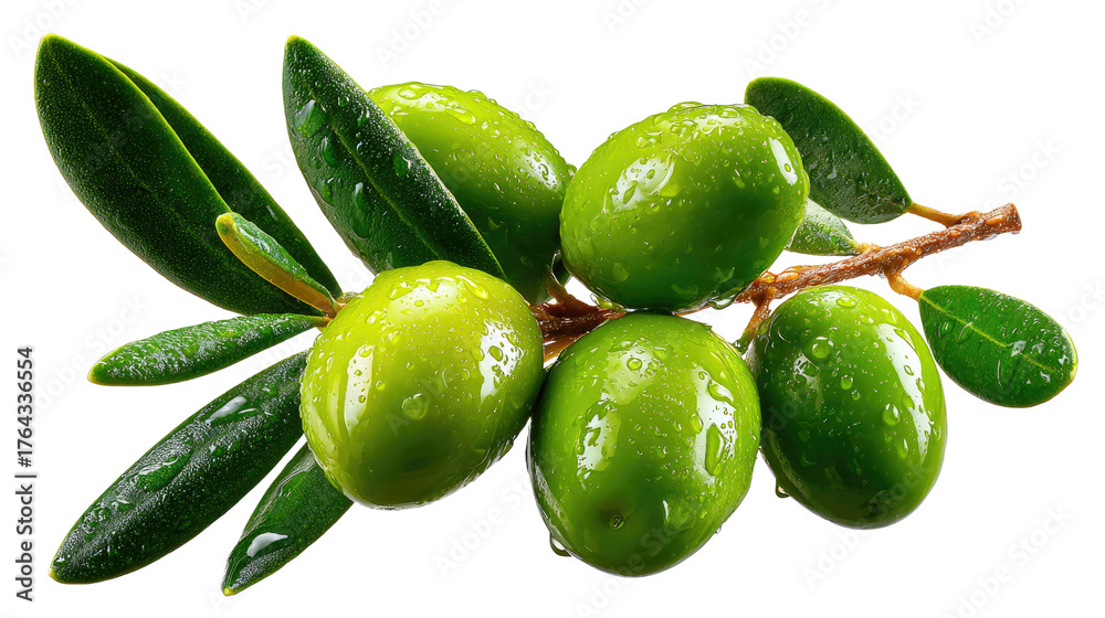 Obraz premium Olive Branch: A close-up showcases a branch of vibrant green olives, their glossy skins glistening with droplets, accompanied by verdant leaves, symbolizing peace and abundance.