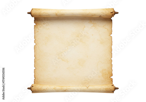 Old parchment scroll PNG isolated, antique paper roll with aged texture for historical documents and treasure maps