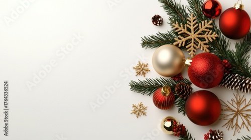 Festive Christmas Decorations with Ornaments and Pine Leaves