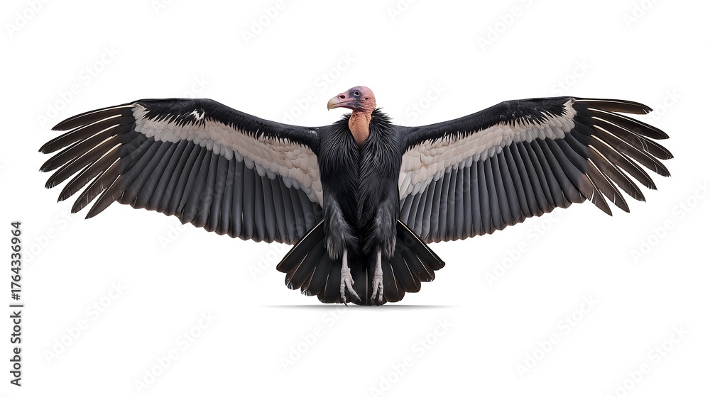 Fototapeta premium California condor, Gymnogyps californianus spreading its wings proudly, isolated on white background, high detail wildlife photography