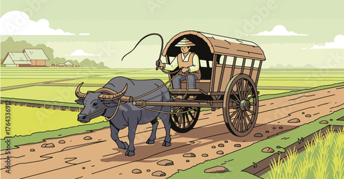 Vector illustration of a farmer with a whip driving a bullock cart through a rural landscape with rice fields under a cloudy sky