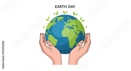 Two hands holding Earth globe with plant leaves Earth Day caption at top