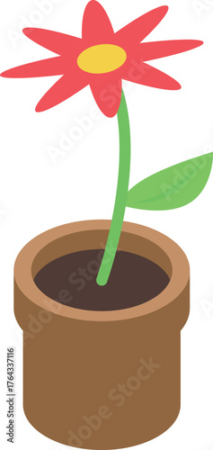 Red daisy with green leaf growing in a terracotta flowerpot, simple isometric illustration on white background