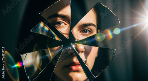 A portrait of a woman's face seen through scattered shards of mirror glass with a sun lens flare. Suitable for themes of identity, self-reflection, trauma, and inner conflict.