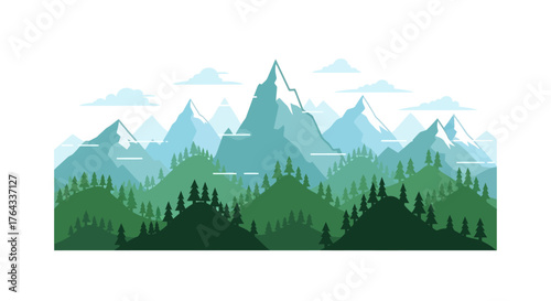 A layered illustration featuring green hills with evergreen trees below snowcapped mountains and wispy clouds
