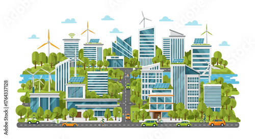 A city with green buildings solar panels windmills trees cars and people