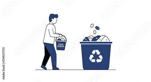 A person dumps food scraps into a recycling bin