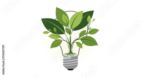 A plant grows inside a stylized light bulb roots visible