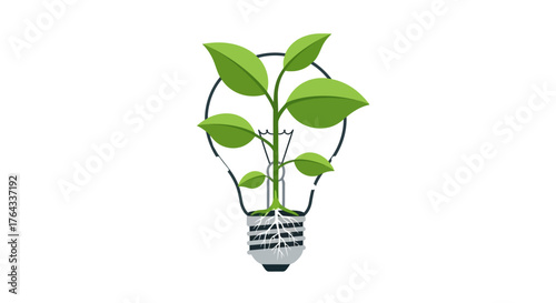 A plant with green leaves growing inside a lightbulb roots visible at the bottom