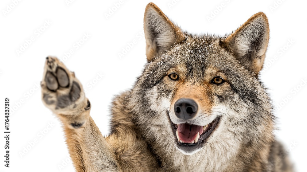 Fototapeta premium Red wolf smiling and giving a high five isolated on white