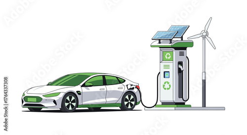 A white electric car charges at a station powered by solar panels and a wind turbine
