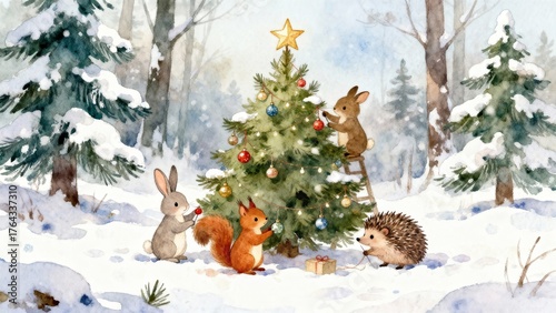 Wallpaper Mural Watercolor forest animals decorate a snowy fir with lights and baubles, rabbit on ladder, hedgehog with gift, footprints in foreground, pines fading in background, festive winter fairytale atmosphere Torontodigital.ca