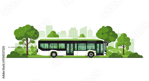 A whitegreen bus driving through greenery with city buildings in the distance