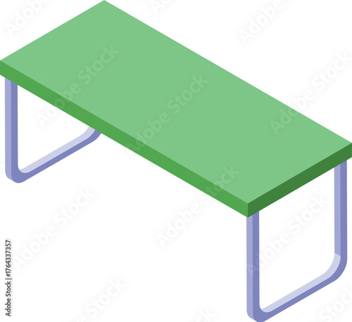 Isometric view of a green bench with metal legs, suitable for parks, gardens, or waiting areas