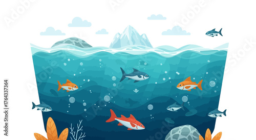 An underwater scene with fish bubbles rocks plants and a mountain