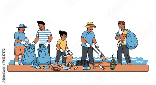 Beach cleanup scene five people collect litter with blue waves  trash visible on a tan shore