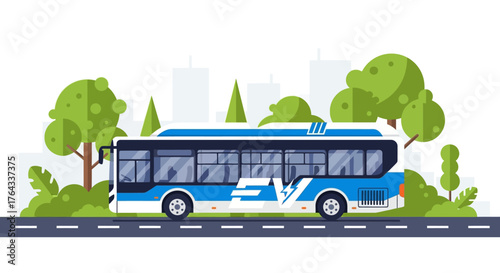 Blue electric bus on road surrounded by stylized green trees and city skyline