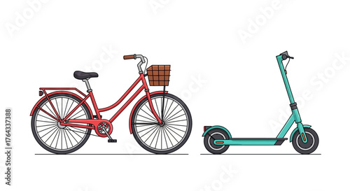 Cartoon bike and scooter side by side both facing left minimalist vector illustration style
