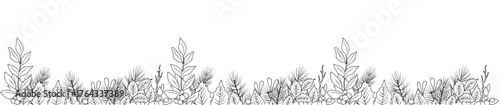 Minimalist black and white hand-drawn Christmas greenery border with pine branches and foliage, perfect for holiday cards, invitations, and decorative seasonal designs