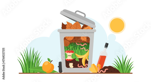 Compost bin filled with waste and worms surrounded by grass an apple and a wine bottle under the sun
