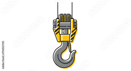 A close-up illustration of a heavy-duty industrial crane hook with a pulley system.