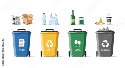 Depiction of four trash bins and corresponding trash items to go with the bins