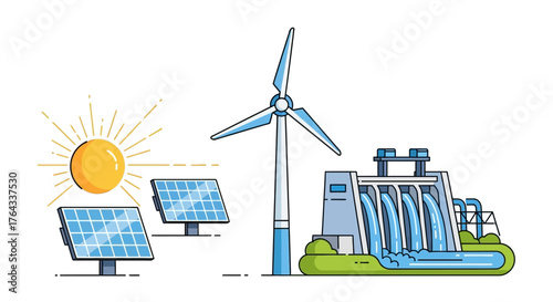 Depicts solar panels a wind turbine and a hydroelectric dam