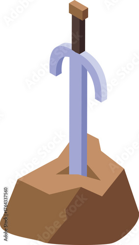 Isometric knight sword stuck in stone icon represents strength, power, courage, and leadership, suitable for game or fantasy concepts