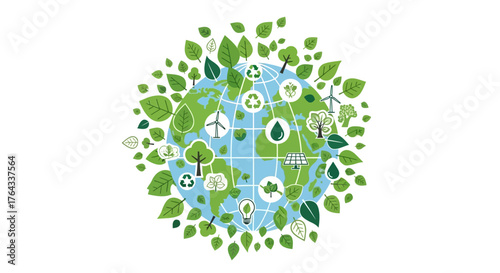 Earth globe encircled by leaves icons of sustainability wind turbines recycling water droplets and solar panels