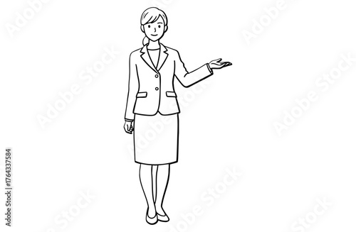 左手で案内するスーツ姿のビジネスウーマン（全身・モノクロ線画）
