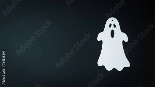 A Halloween ghost decorative ornament is placed on a dark background, with a minimalist shape, fully showing the mysterious and eerie atmosphere of the festival.