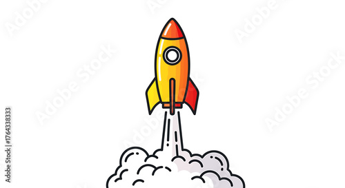 A cartoon illustration of a yellow and red rocket ship launching into space with white smoke billowing from its boosters.
