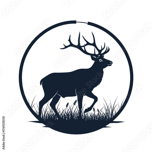A majestic black silhouette of a walking stag with large antlers framed within a dark circular border.