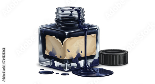 Illustration of a square glass inkwell with black ink overflowing onto a torn label and the surface next to the open lid.