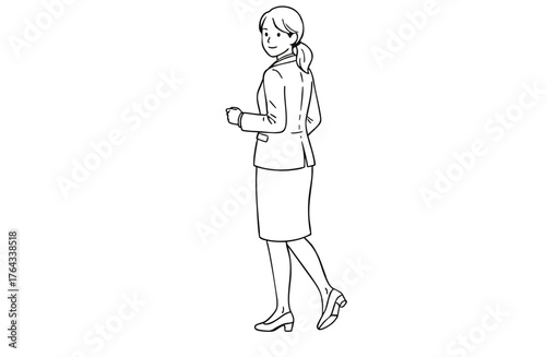 前向きに歩き出すビジネスウーマン（全身・モノクロ線画）