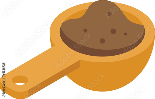Yellow plastic measuring spoon containing ground coffee or protein powder, ideal for precise measuring in kitchen or gym