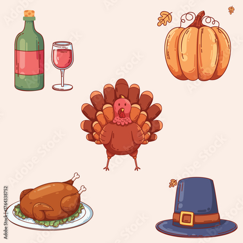 Thanksgiving Feast Festive Icons of Wine, Turkey, Pumpkin, Pilgrim Hat, and Roasted Dinner. Celebrate the Holiday with Delicious Food and Decorations