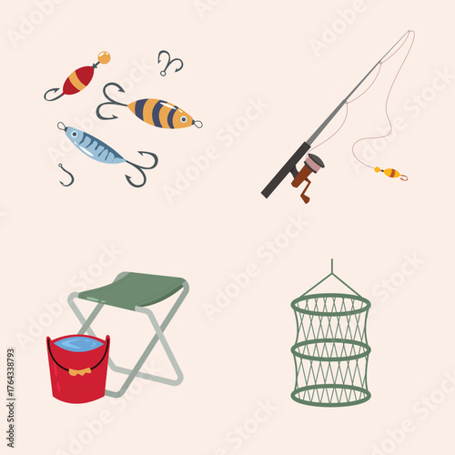 Collection of illustrated fishing gear including lures, a fishing rod, a foldable stool with a bucket, and a fishing net, perfect for outdoor angling adventures and hobby enthusiasts