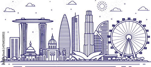 Singapore Skyline Sketch with Marina Bay Sands, Merlion, and Gardens by the Bay – Cultural Line Art for Travel, Tourism, and Design Projects