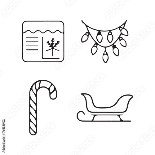 Vector art of christmas icons candy cane, sled, garland, and jar