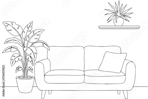 Vector art of sofa with plants in a room