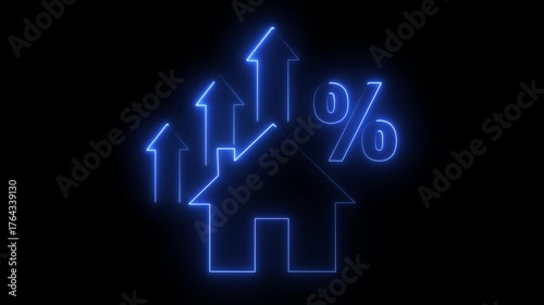 Neon House Rising Icon Animation Real Estate Investment Growth, Property Tax Concept, Glowing Home Value Increase Symbol, Financial Business and Economic Development Design on Black Background
