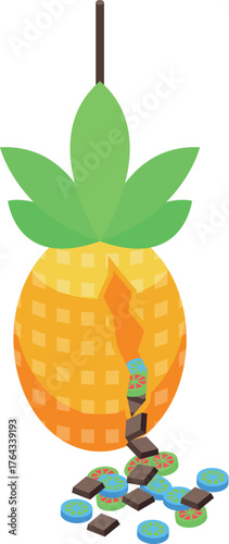 Hanging broken pineapple pinata releasing chocolate and candy pieces, isometric view