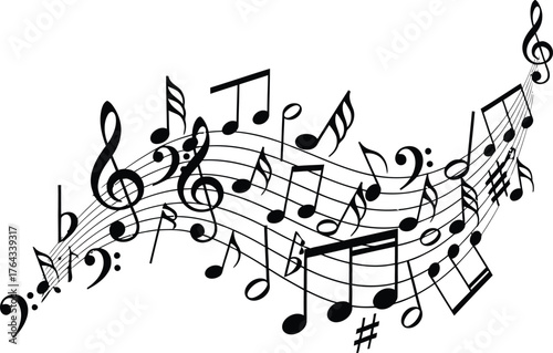 Music notes wave isolated, group musical vector  