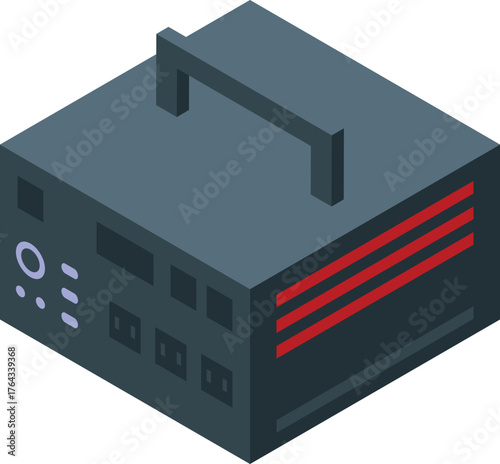 Gray portable boombox playing music, featuring buttons, knobs, a handle, and red stripes, depicted in isometric view